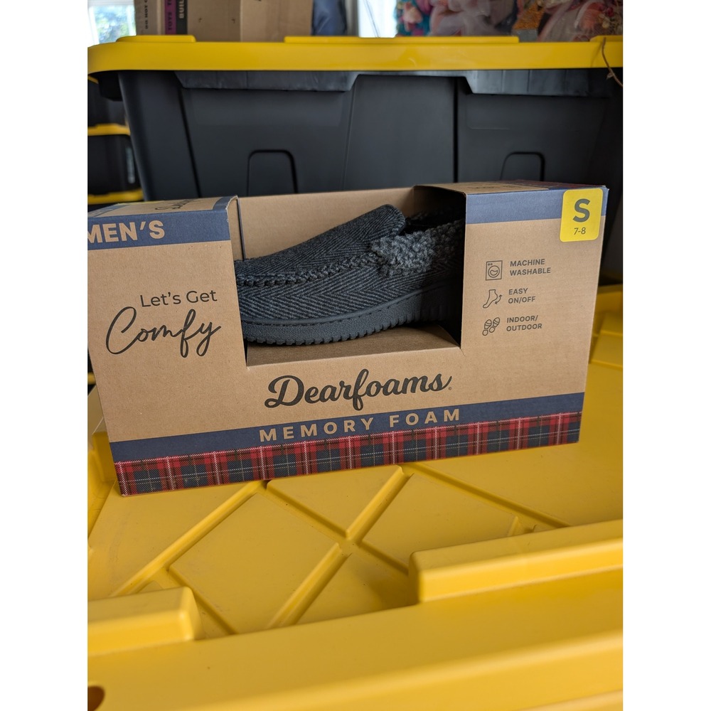 Dearfoams Mens Small 7-8 Memory Foam Slippers Grey Herringbone Indoor Outdoor
